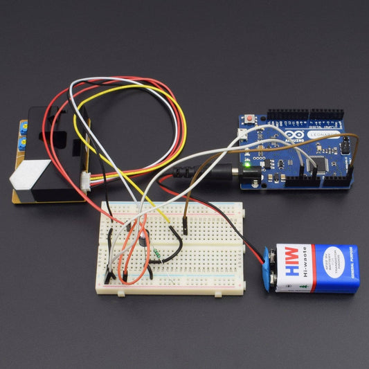 Test a dust and Smoke detector and display the measured data on serial monitor interfacing with arduino leonardo - KT807 - REES52