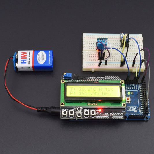Make a weather station project with BMP180 , DHT11 Sensor and 16*2 LCD Keypad shield interfacing with arduino mega - KT793 - REES52