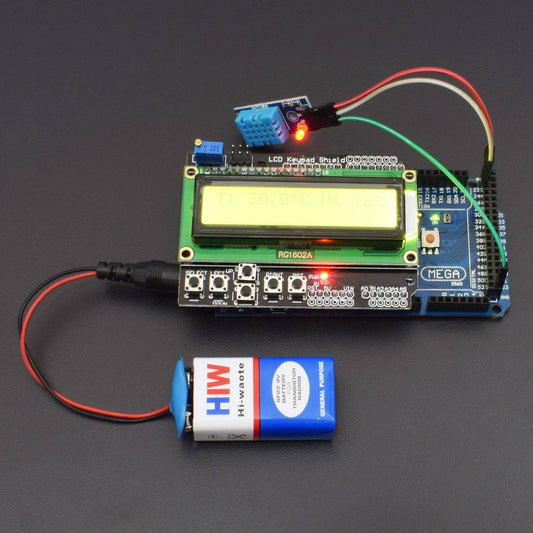 Make a temperature and humidity monitor with DHT11 Sensor & LCD shield interfacing with Arduino Mega - KT795 - REES52