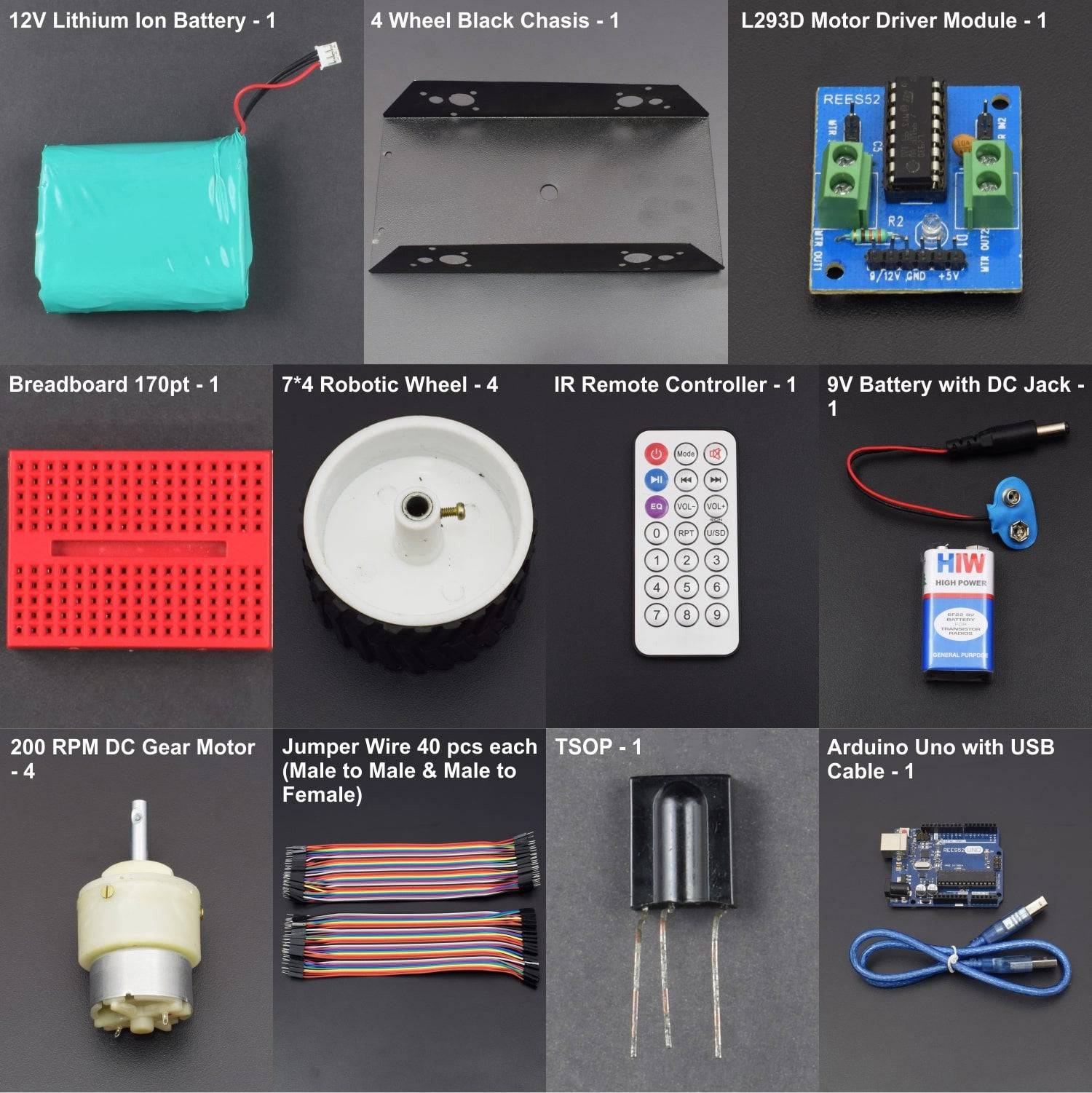 Make a IR control robot car using 7*4 wheel and L293De motor driver interfacing with Arduino uno - KT785 - REES52