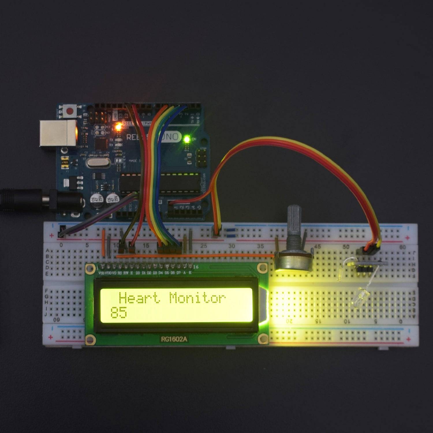 Measure heart beat with heart beat module and display the data on 16*2 Lcd Display interfacing with Arduino uno - KT942 - REES52