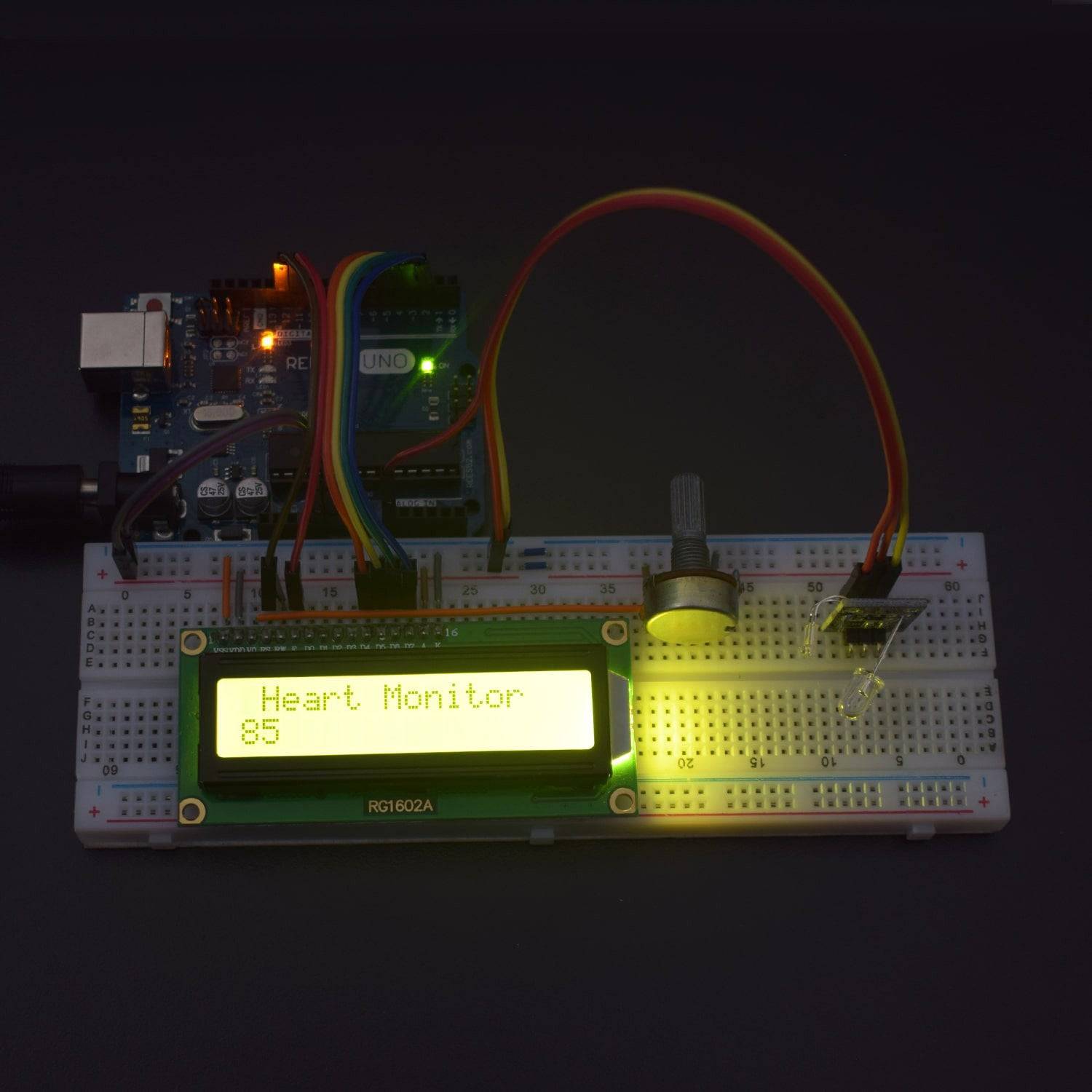 Measure heart beat with heart beat module and display the data on 16*2 Lcd Display interfacing with Arduino uno - KT942 - REES52