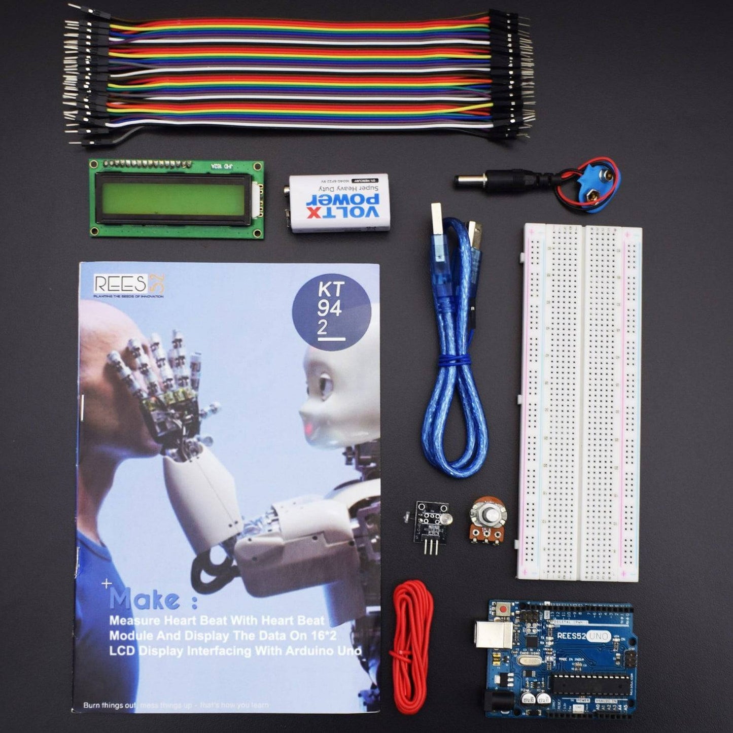 Measure heart beat with heart beat module and display the data on 16*2 Lcd Display interfacing with Arduino uno - KT942 - REES52