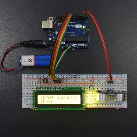 Measuring the distance using HC SR-04 and Display the Data on LCD interfacing with Arduino uno - KT930 - REES52