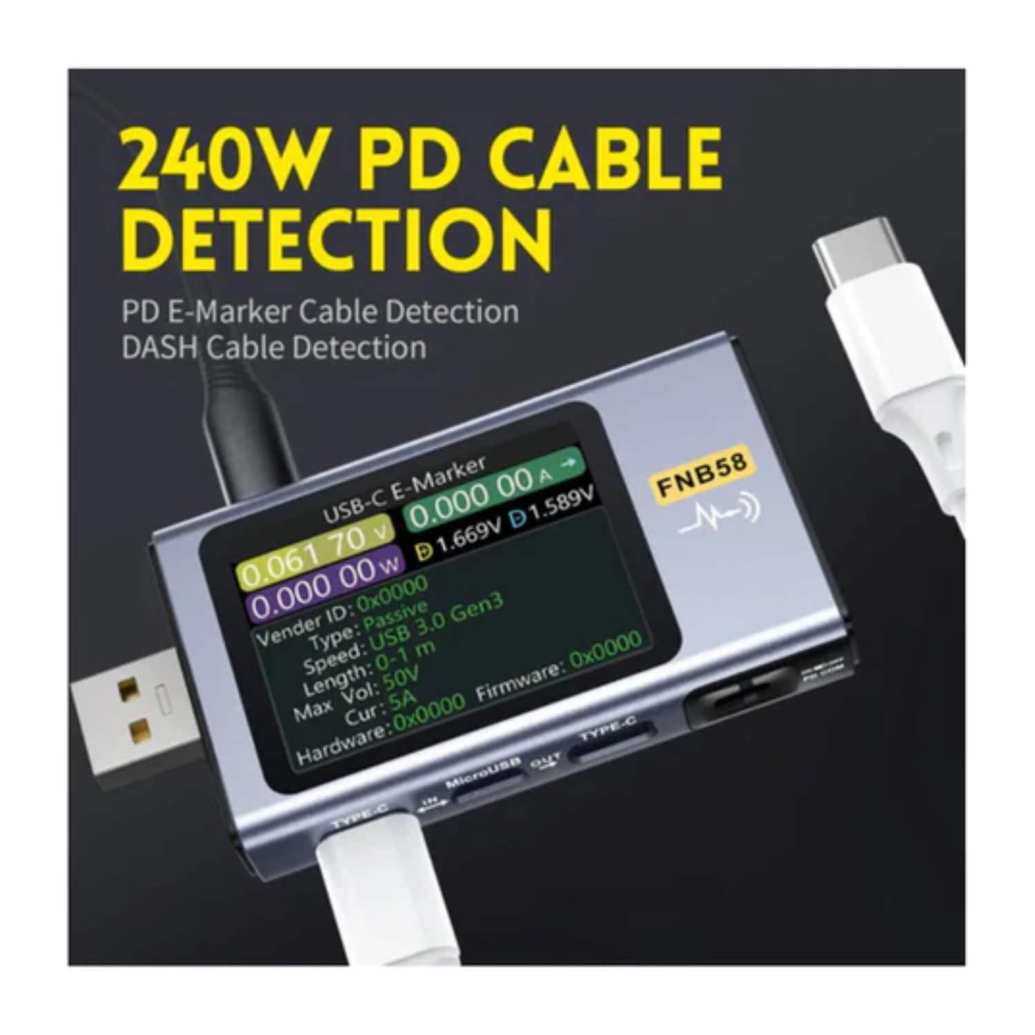 FNB58 USB Fast Charge Analyzer: App Enabled, Voltage, Current, Protocol Testing