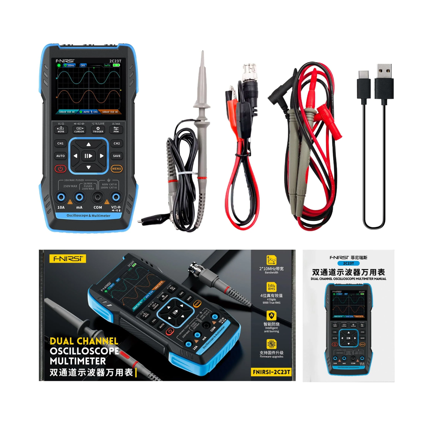 FNIRSI 2C23T 3-in-1 Digital Oscilloscope, Multimeter, Function Generator with Bluetooth