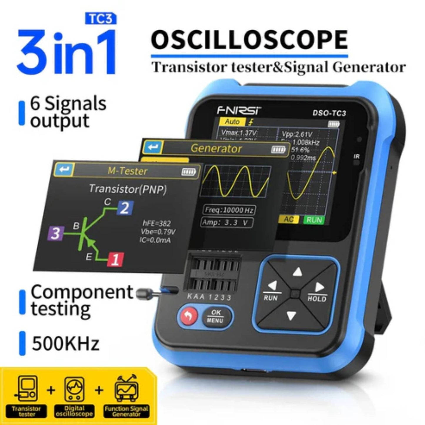 FNIRSI DSO-TC3 Oscilloscope 3-in-1 DSO Tester DSO-TC3 Transistor Tester DSO-TC3 Digital Oscilloscope With Integrated Tester Efficient Troubleshooting (Standard) - RS8401
