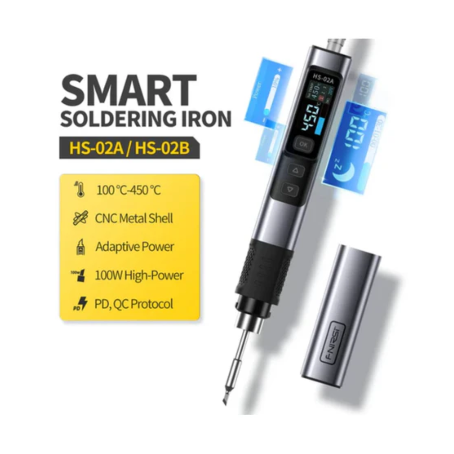 HS-02 Soldering Iron: Intelligent Temperature Control, Black, Single Tip