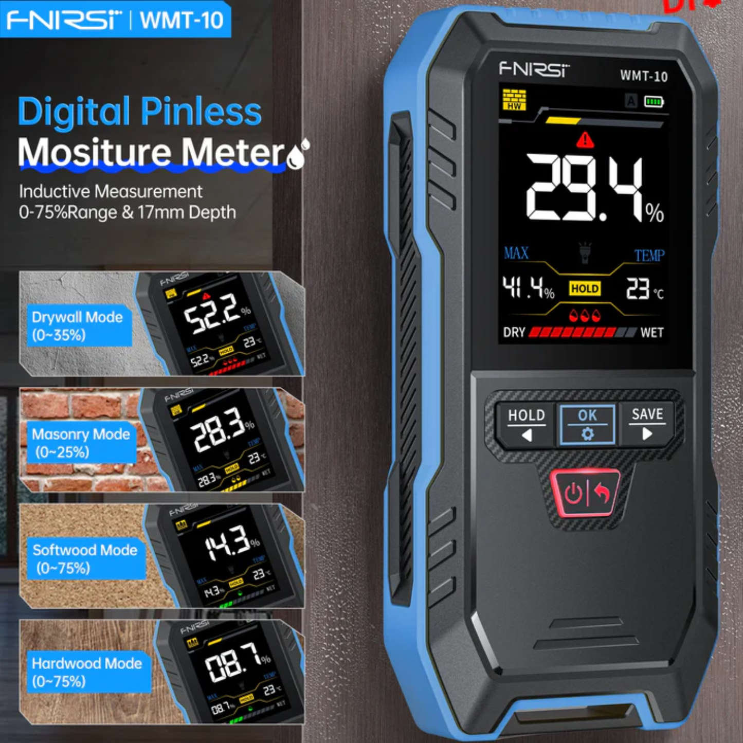FNIRSI WMT-10 Non-Contact Moisture Meter WMT-10 Inductive Wood & Wall Moisture Meter Hygrometer WMT-10 Accurate Moisture Detection For Professional Moisture Measurement - RS8383