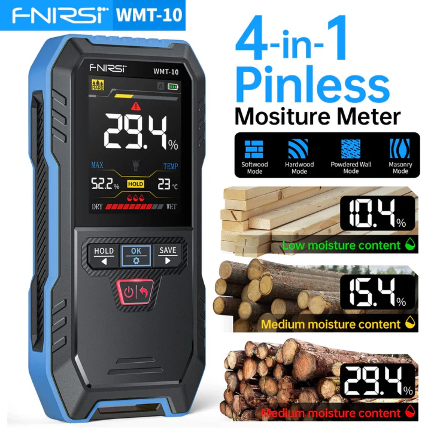 FNIRSI WMT-10 Non-Contact Moisture Meter WMT-10 Inductive Wood & Wall Moisture Meter Hygrometer WMT-10 Accurate Moisture Detection For Professional Moisture Measurement - RS8383