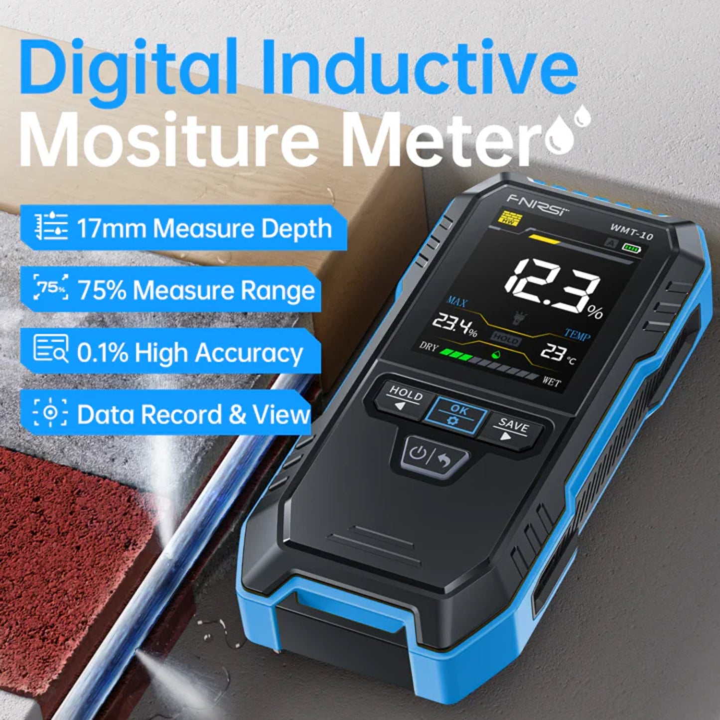 FNIRSI WMT-10 Non-Contact Moisture Meter WMT-10 Inductive Wood & Wall Moisture Meter Hygrometer WMT-10 Accurate Moisture Detection For Professional Moisture Measurement - RS8383