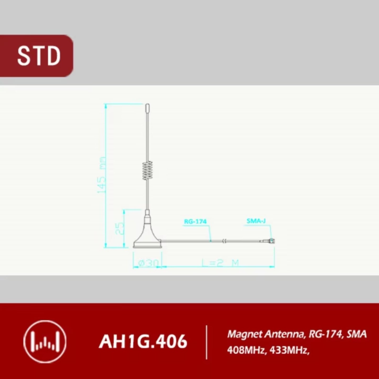 AntennaHome AH1G.406 Antenna H145 Magnetic SMA-J 433MHz Antenna Remote Transfer Receiver Antenna Long Range 408MHz Antenna With Magnetic Base For SM Band and LoRa Applications - RS7322