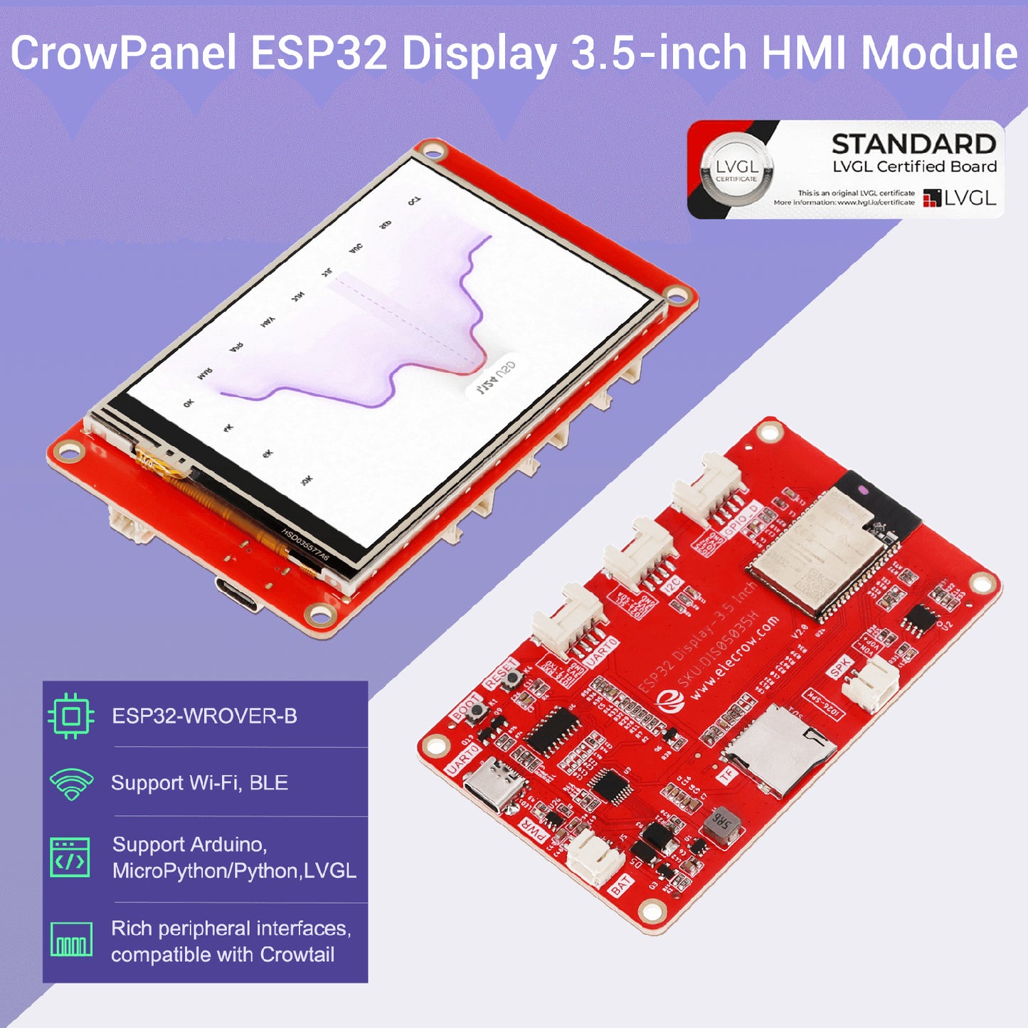 ELECROW CrowPanel - 3.5" ESP32 HMI Display With Touchscreen Display 480x320 SPI TFT LCD Touch Screen Compatible With Arduino/LVGL/ PlatformIO/Micropython without Case - RS7061
