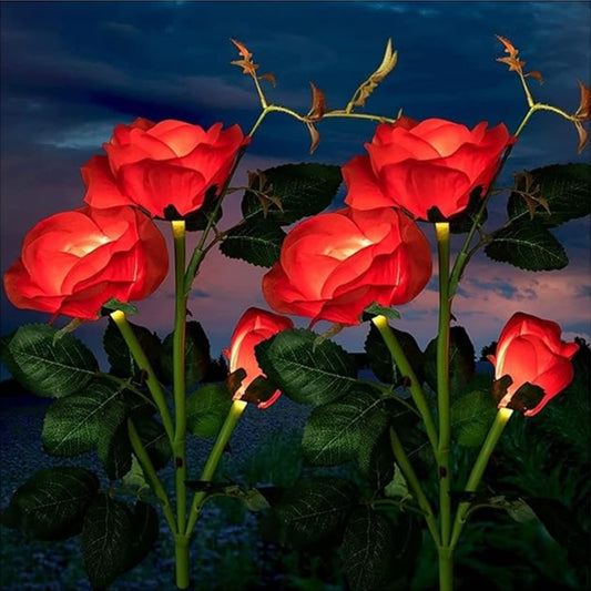 Solar Rose Flower Lights Outdoor Solar Lights Decorative Waterproof Solar Landscape Lights With 6 Rose Flowers Decoration For Christmas, Cemetery, Walkway, Courtyard, Pack Of 1 - Red - RS6149