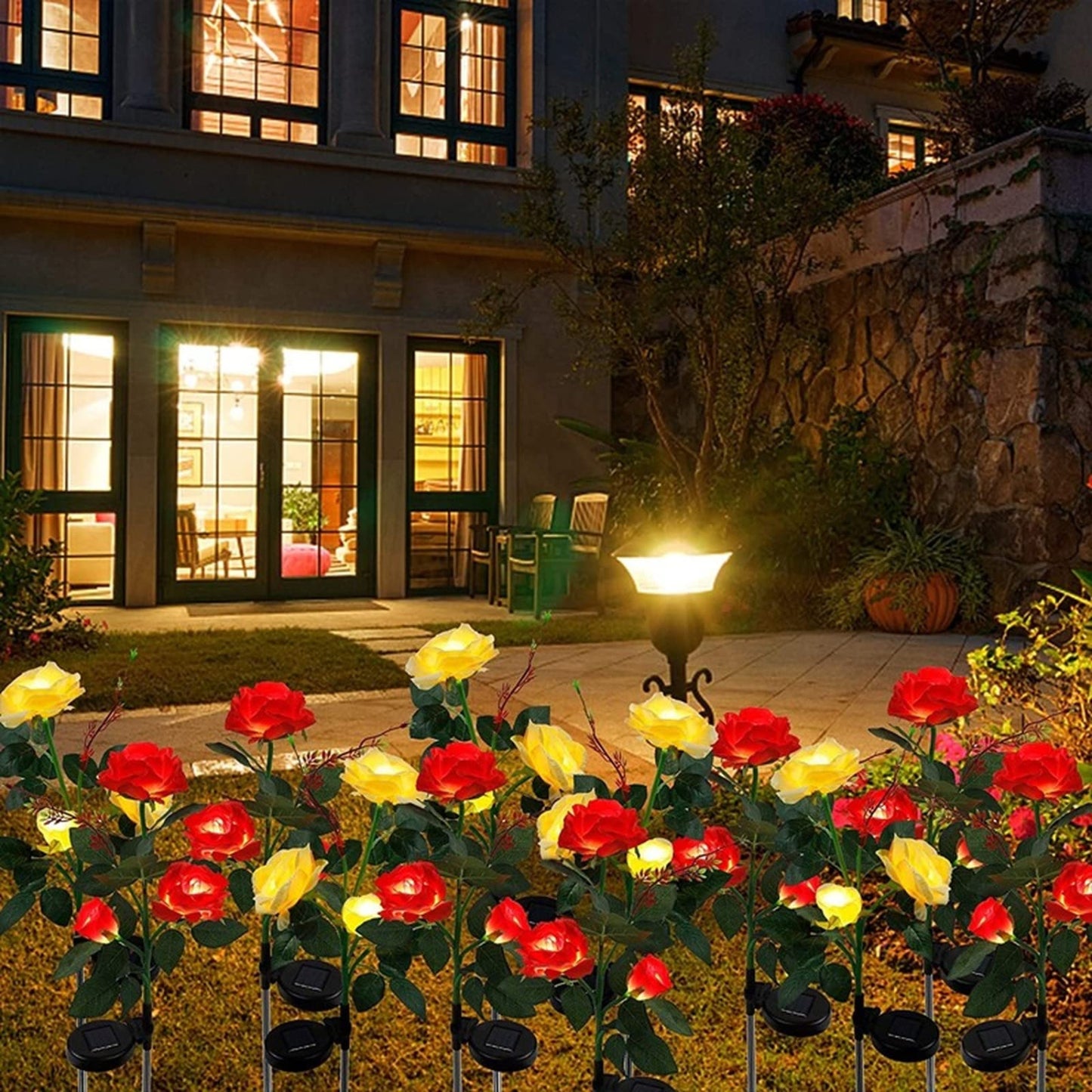 Solar Rose Flower Lights Outdoor Solar Lights Decorative Waterproof Solar Landscape Lights With 6 Rose Flowers Decoration For Christmas, Cemetery, Walkway, Courtyard, Pack Of 1 - Red - RS6149