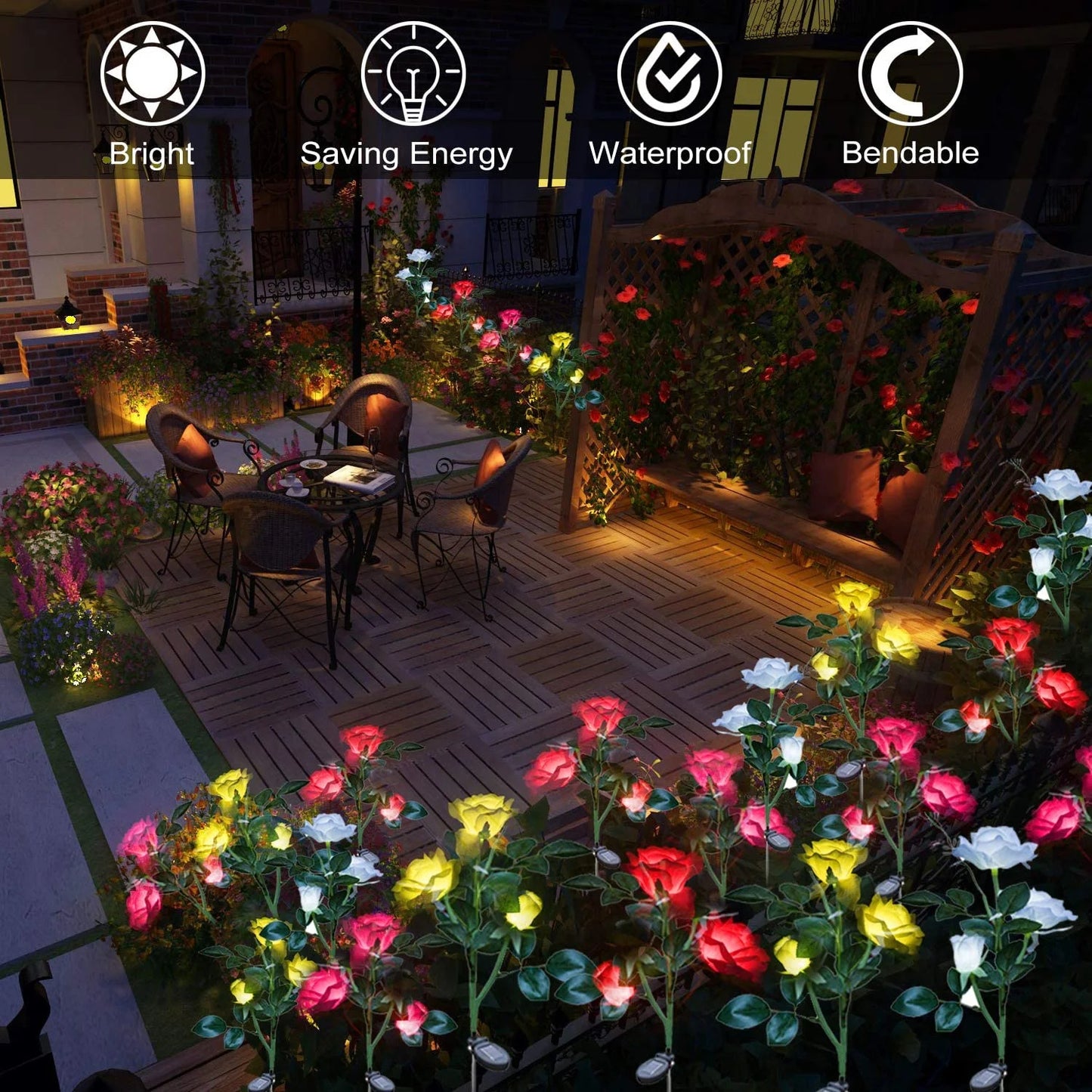 White Rose Solar Lights Upgrade Flower Lights Outdoor Waterproof Solar Garden Stake Lights Decorative Landscape Lights With 6 Rose Flowers For Backyard, Party, Pathway, Pack Of 1 - RS6150