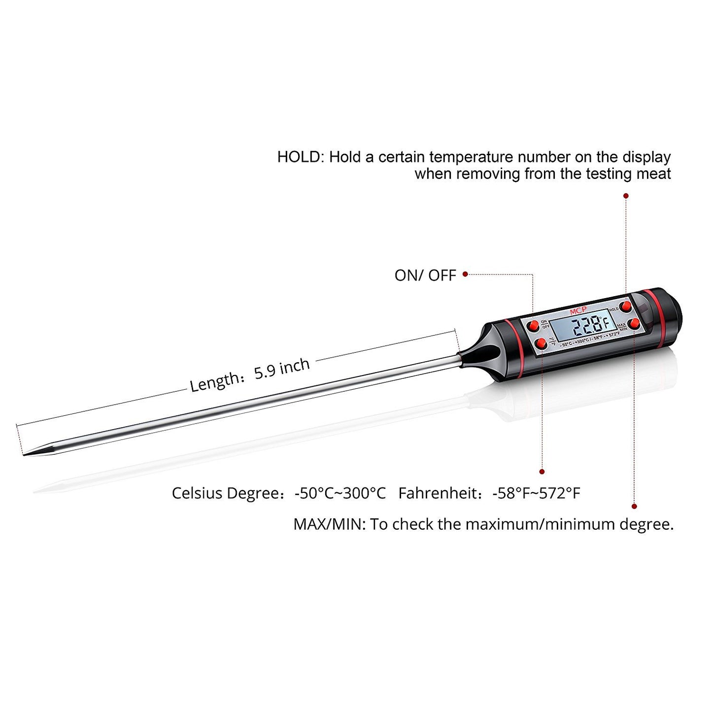 Portable Digital Food Thermometer Digital Probe Food Thermometer Waterproof Digital Food Thermometer Instant Read Digital Meat Thermometer with Temperature Probe - RS4166
