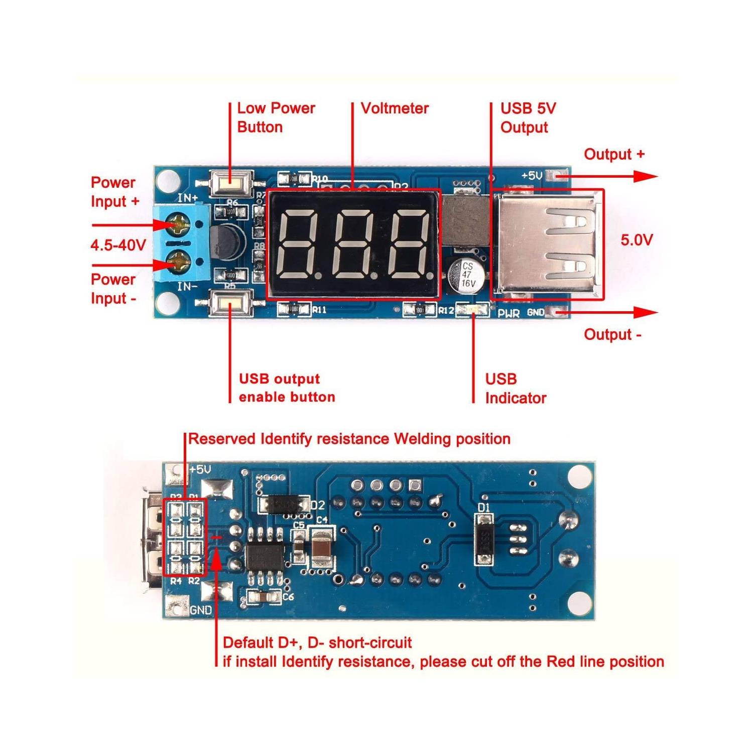 Wide Input DC-DC Buck Converter, 4.5-40V to 5V 2A USB Output