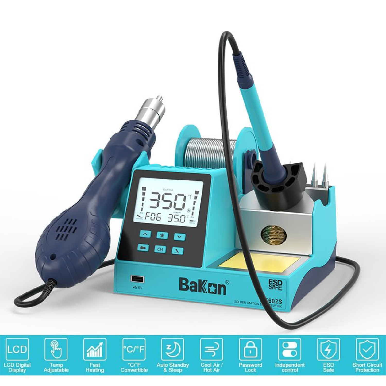 BK602S Digital 2-in-1 Rework Soldering Station Hot Air Gun & Iron