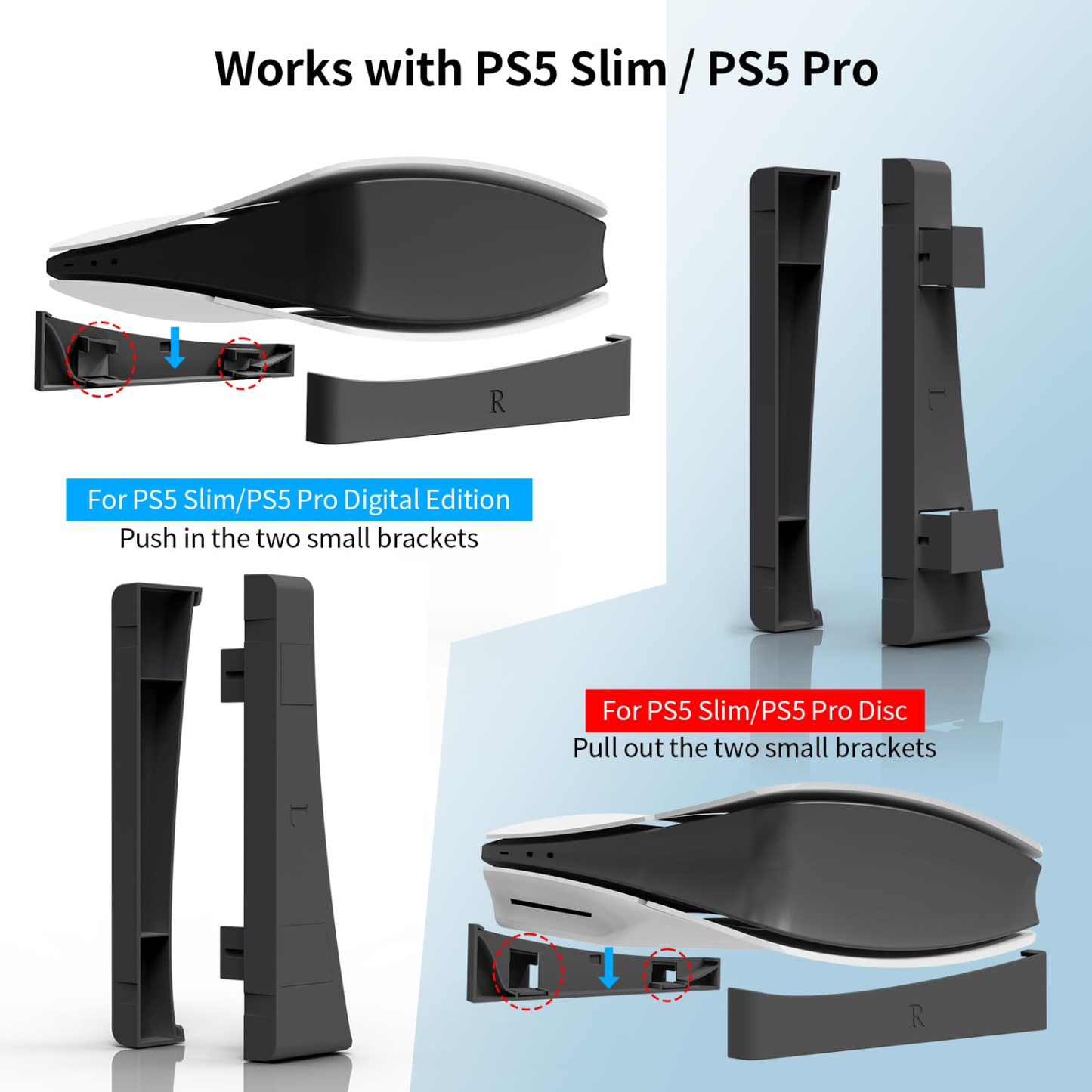 JYS Horizontal PS5 Pro, Slim Stand PlayStation 5 Pro, Slim Models Horizontal Stand Compatible With Disc & Digital Editions Securing Nuts, and Anti-Slip Base - Black