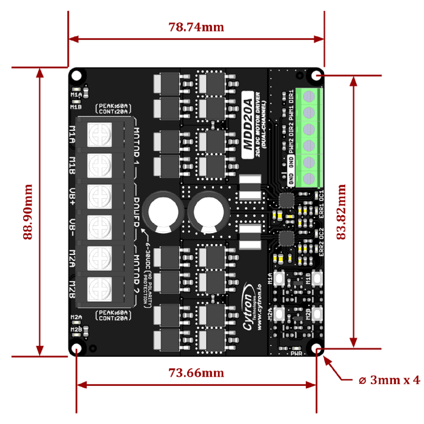 Cytron MDD20A Dual 20A DC Motor Driver 6–30V High Power H-Bridge Motor Controller