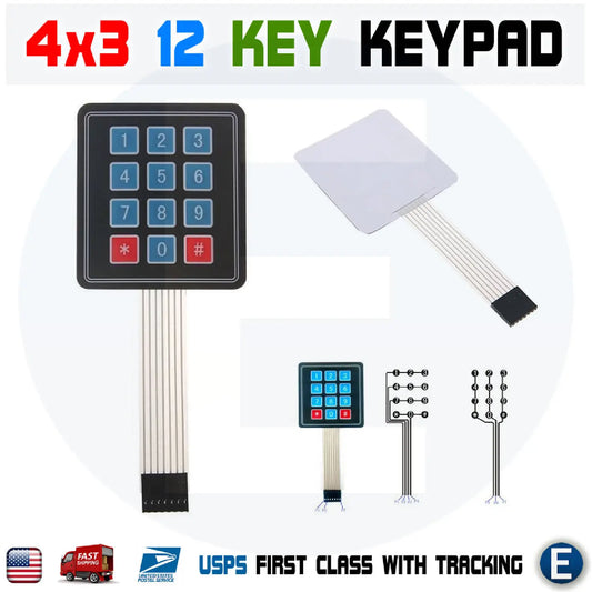 4x3 Matrix Array 12-Key Membrane Switch Keypad for Arduino, AVR, and PIC Controllers – Ultra-Thin, Adhesive-Backed, 100M+ Keypress Lifespan - RS1184