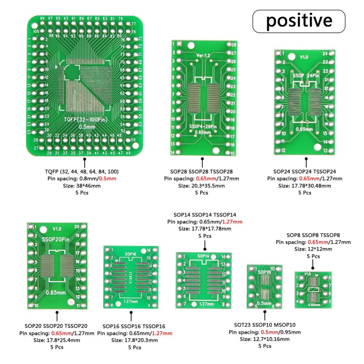 40PCS PCB Adapter Board Kit SMD To DIP IC PCB Converter Board Adapter Plate 8 Sizes For DIY Technical Testing, Double Sided TFQP/SOP/SSOP/TSSOP/MSOP To Dip Adaptor - RS5847