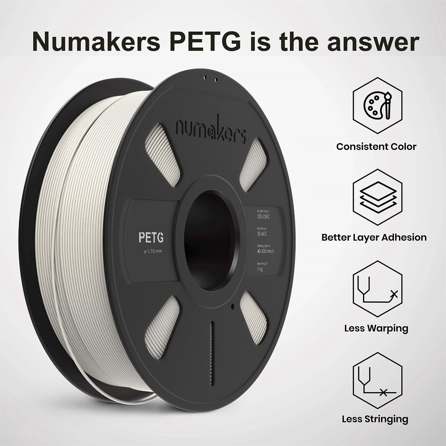 Numaker PETG Filament 1.75mm 1kg Spool High Strength, Smooth Finish, 3D Printing Material - Pure White - RS6761