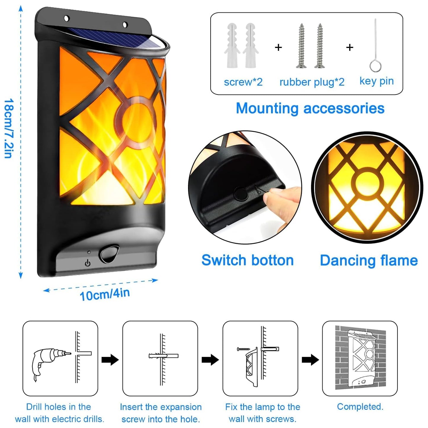 Flickering Flame Solar Wall Light Outdoor Solar Lights, Fire Effect 66 LED Auto On/Off Solar Powered Wall Mounted Torch Light for Fence, Patio, Deck, Landscape Decoration Pack Of 1 - RS5855