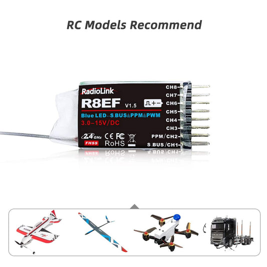 Radiolink R8EF RC Receiver R8EF 8 Channels 2.4GHz RC Receiver SBUS/PPM/PWM Long Range Control RX for Airplane Vehicles Robots Transmitter T8FB T8S RC8X RC4GS V3 RC6GS V3 - RS6084
