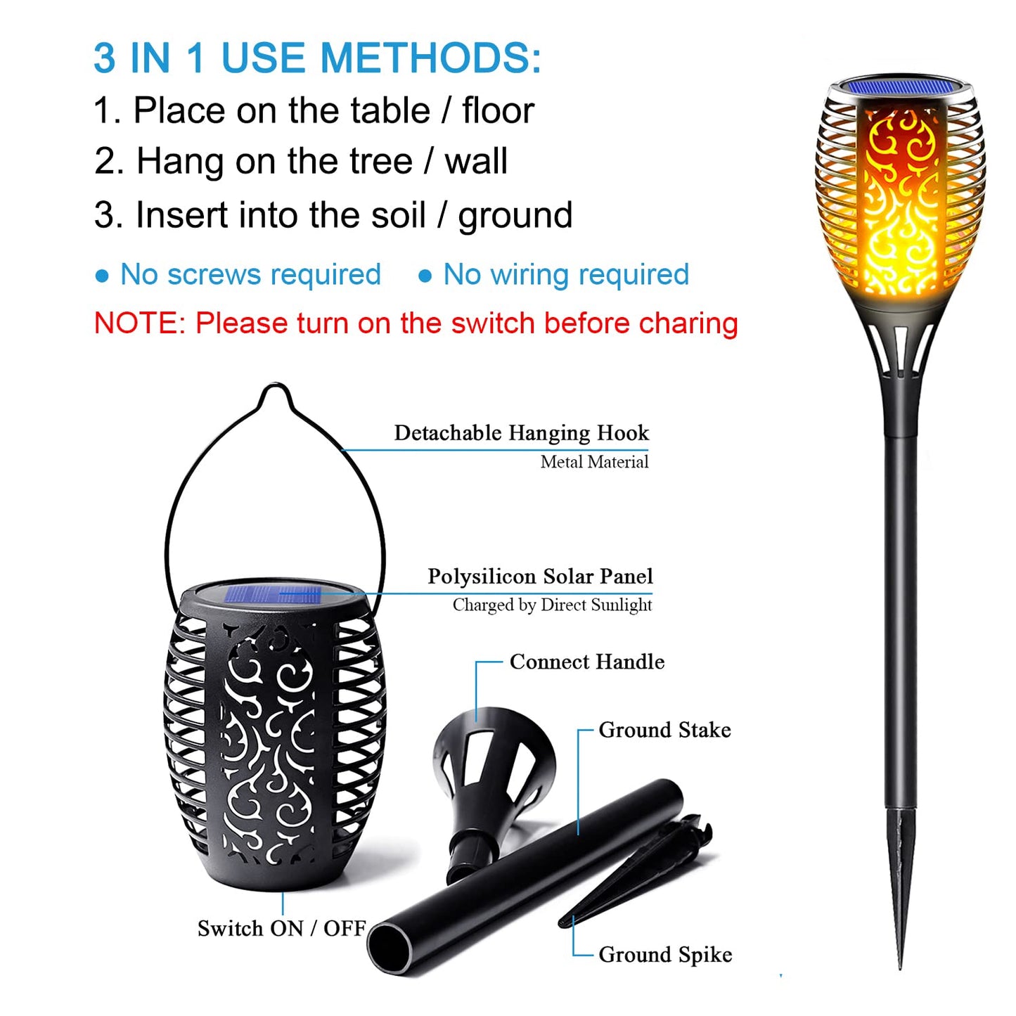 Tiki Torch Solar Lights Flickering Flame Solar Lantern 3-In-1 Solar Tiki Torch With Flickering Flame Large Solar Torch Light Outdoor Decor For Garden, Pathway, Landscape Decorations, Pack Of 1 - RS6129