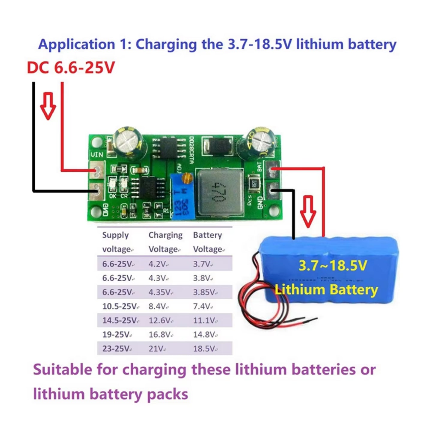 DD28CRTA Lithium Battery Charger Module 2-in-1 1A LiFePO4 Lithium Ion Battery Charging Board 3.7V 3.8V 7.4V 11.1V 14.8V 18.5V Titanate Battery Charger DC-DC Buck Converter For Battery Charging - rs9334
