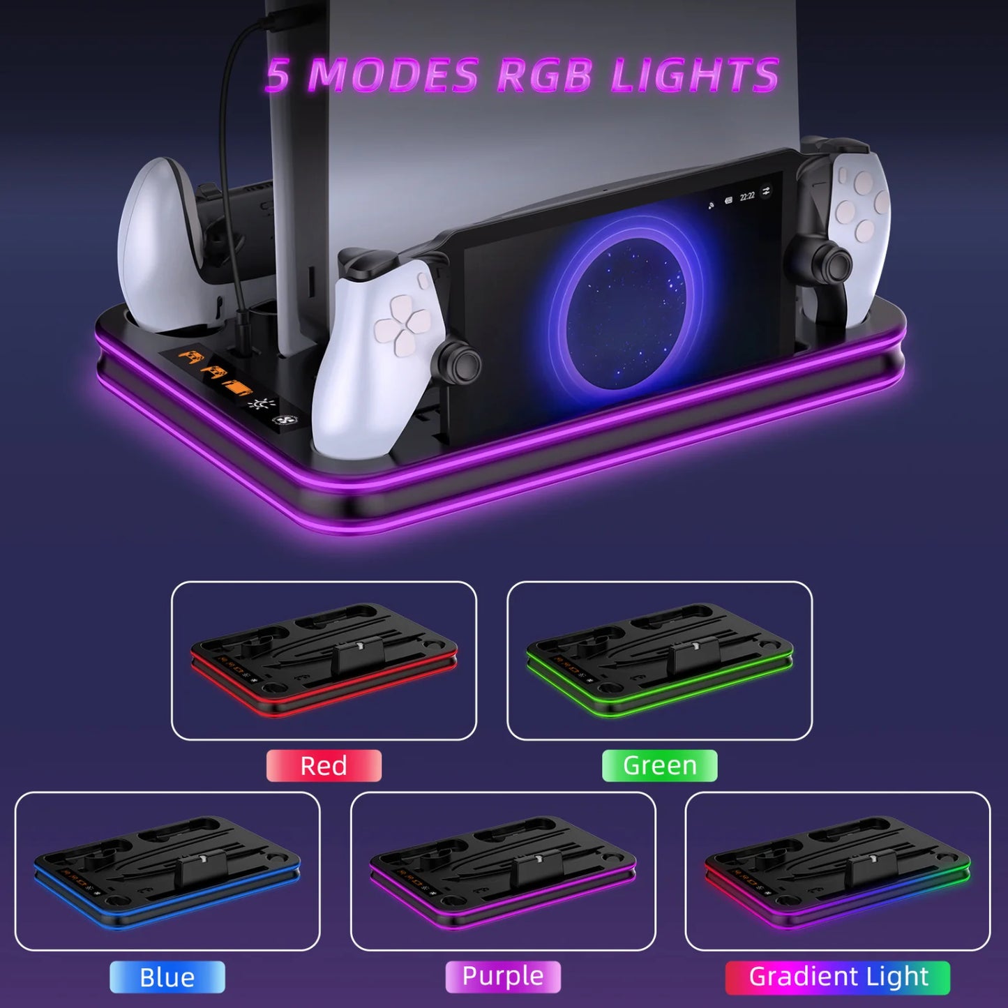 JYS Multi-Functional PS5 / PS5 Slim & PS Portal Cooling Fan Stand With Dual Controller Charger - RGB Lights - RS8545
