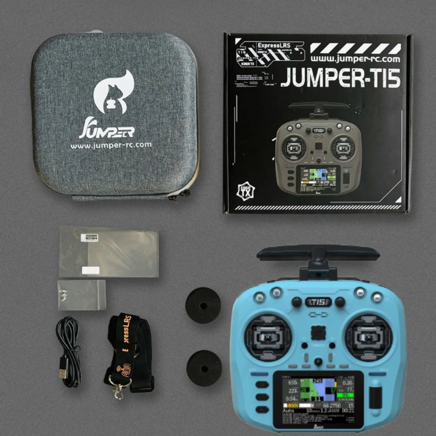 Jumper T15 Advanced ELRS 2.4GHz Radio Controller Precision Hall Gimbals, 3.5-inch Touchscreen, EdgeTX Compatible for FPV Drone Piloting - Cyan Blue - RS8560