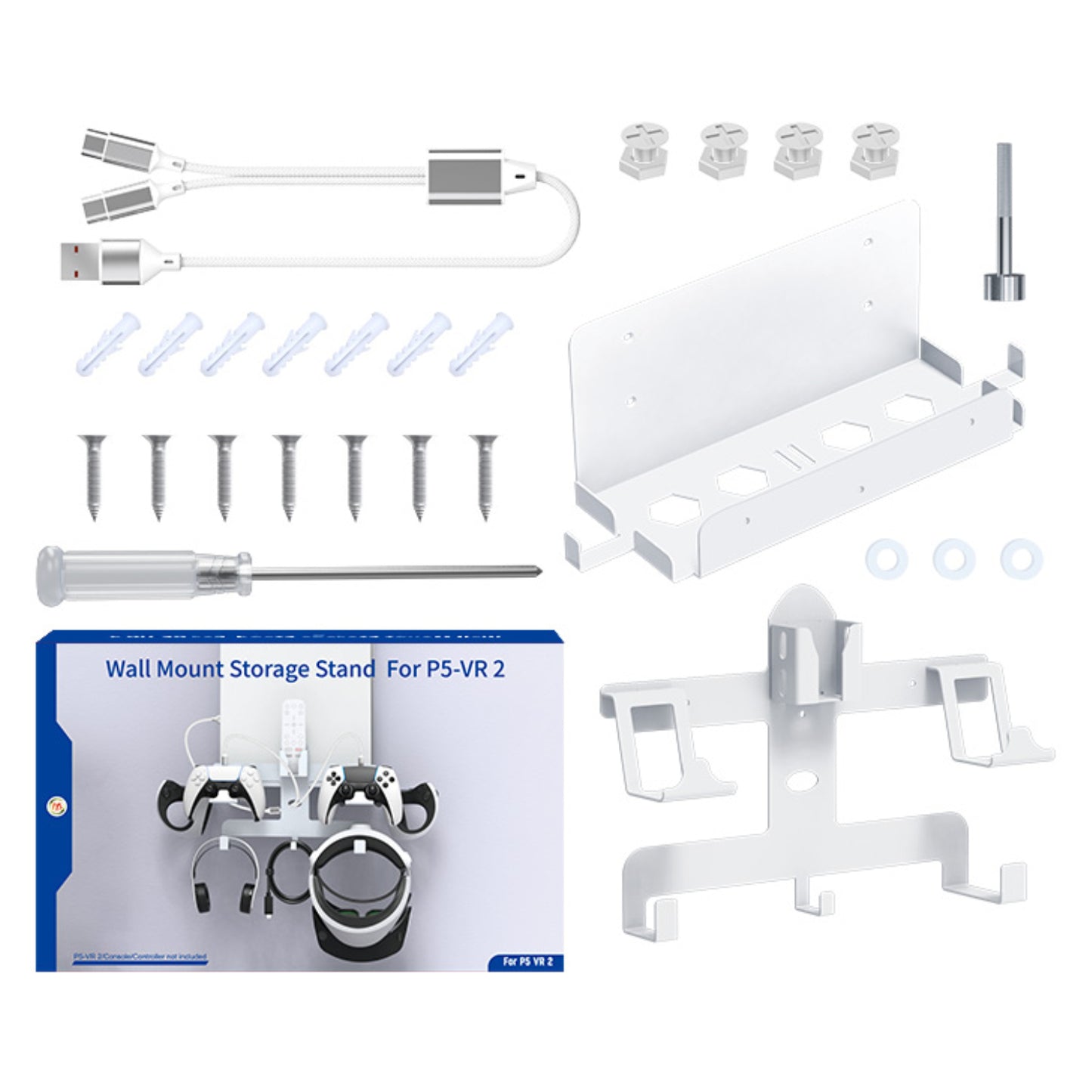 PS5 and PS VR2 wall mount with controller and headphone holders.