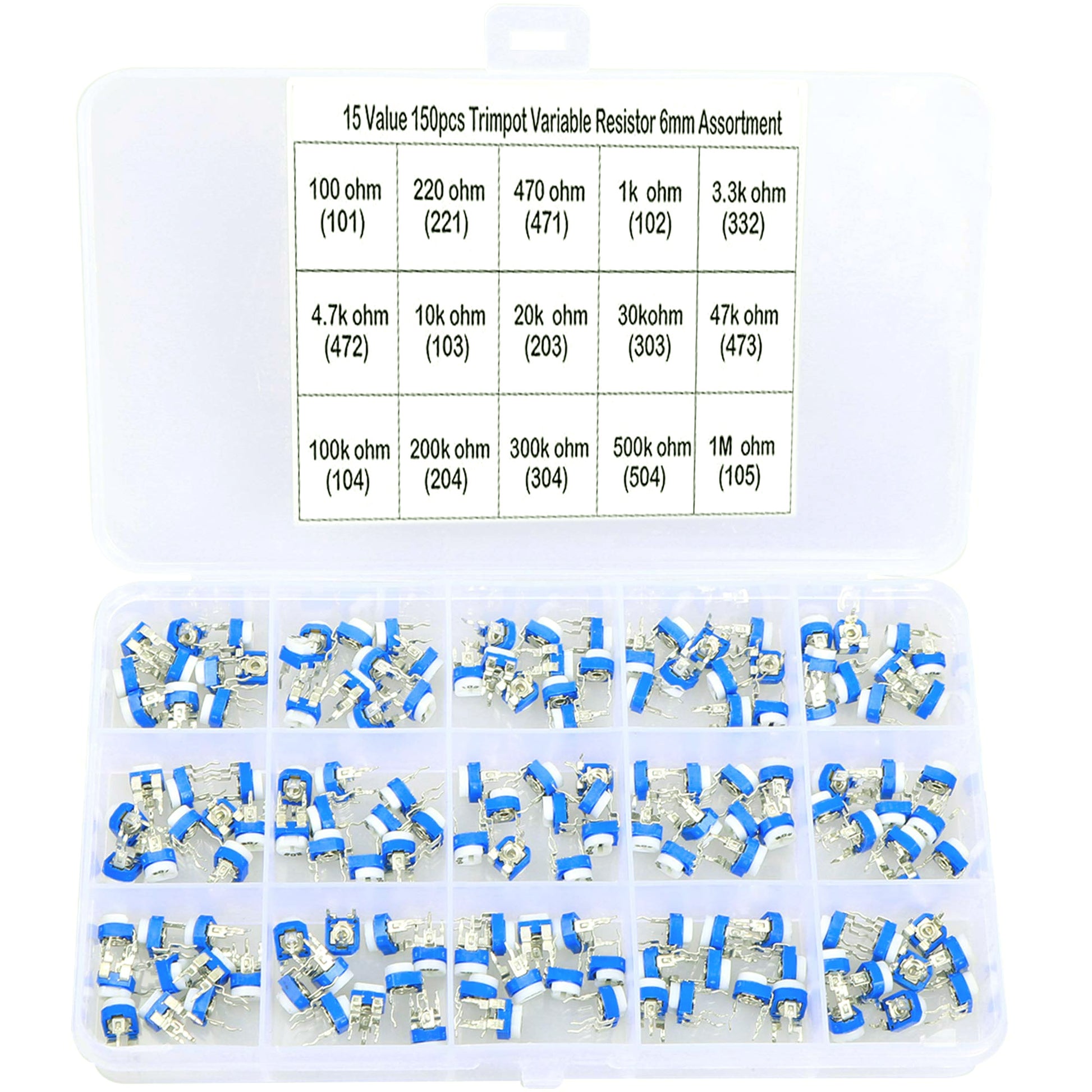 150 Pcs 15 Value 100 ohm- 1M ohm Trimpot Variable Resistor 6mm Potentiometer Assortment Kit - RS1135 - REES52