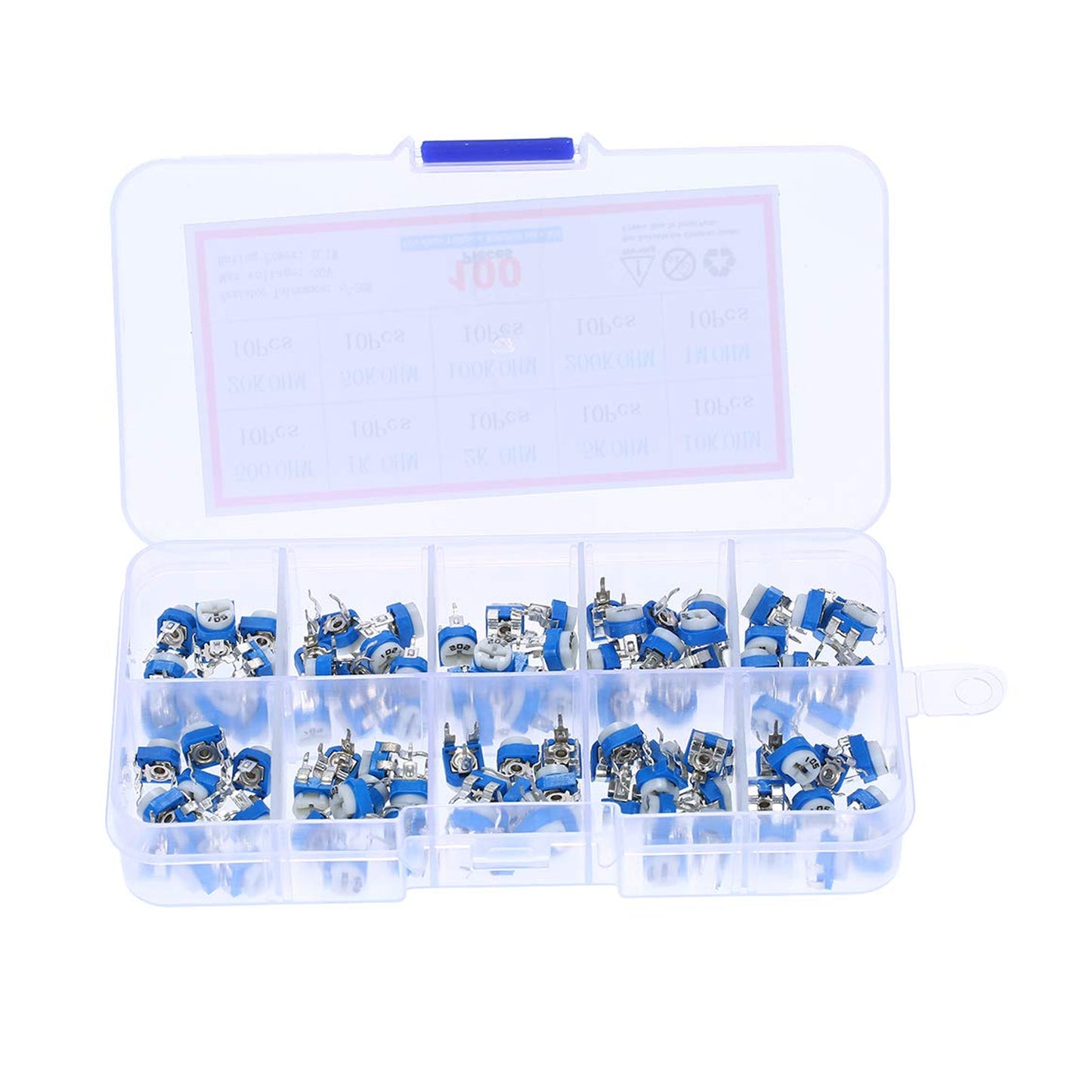 100pcs 10 Values 500ohm-1M ohm Film Variable Resistor Potentiometer Rheostat Trimpot Assortment Kit - RS1704 - REES52