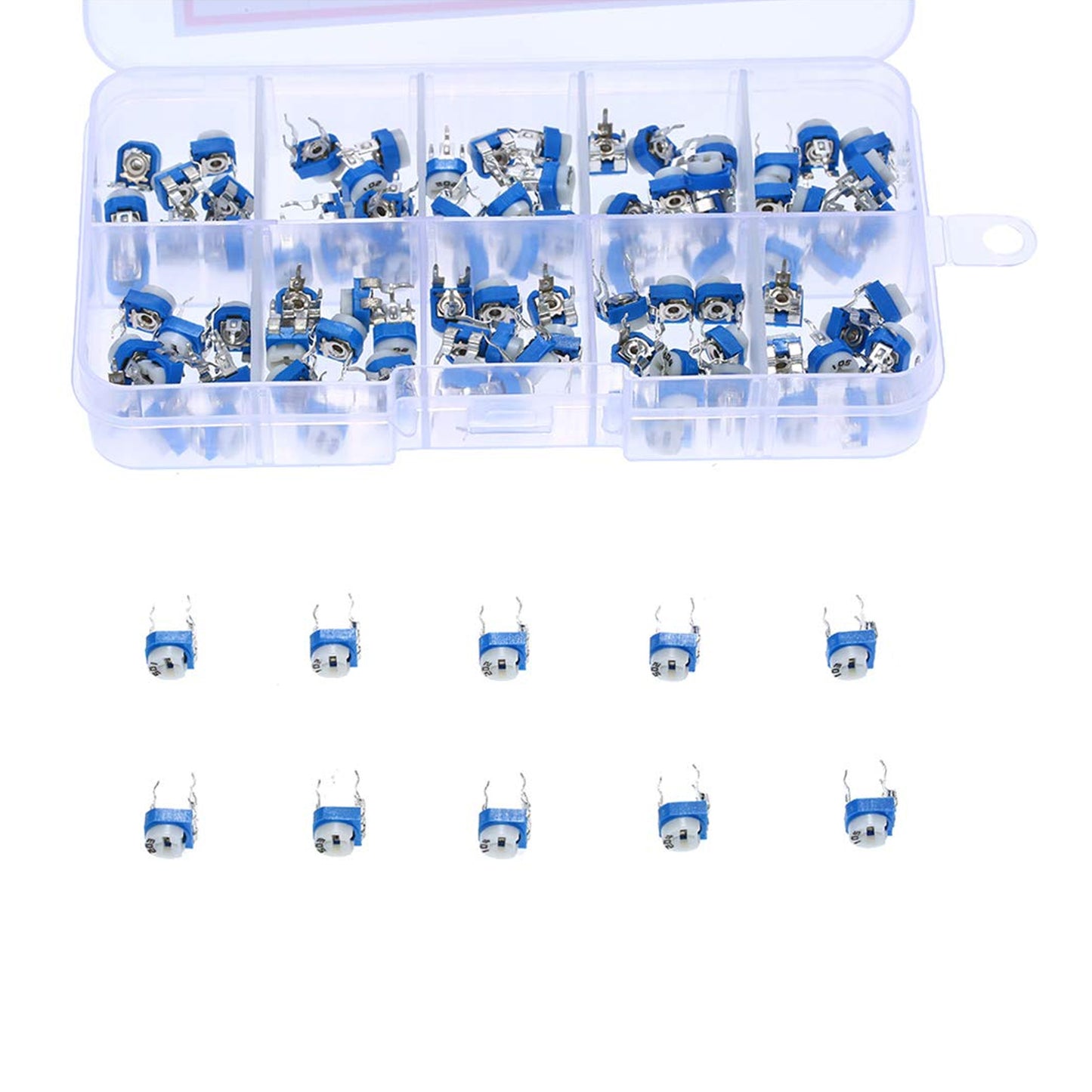 100pcs 10 Values 500ohm-1M ohm Film Variable Resistor Potentiometer Rheostat Trimpot Assortment Kit - RS1704 - REES52