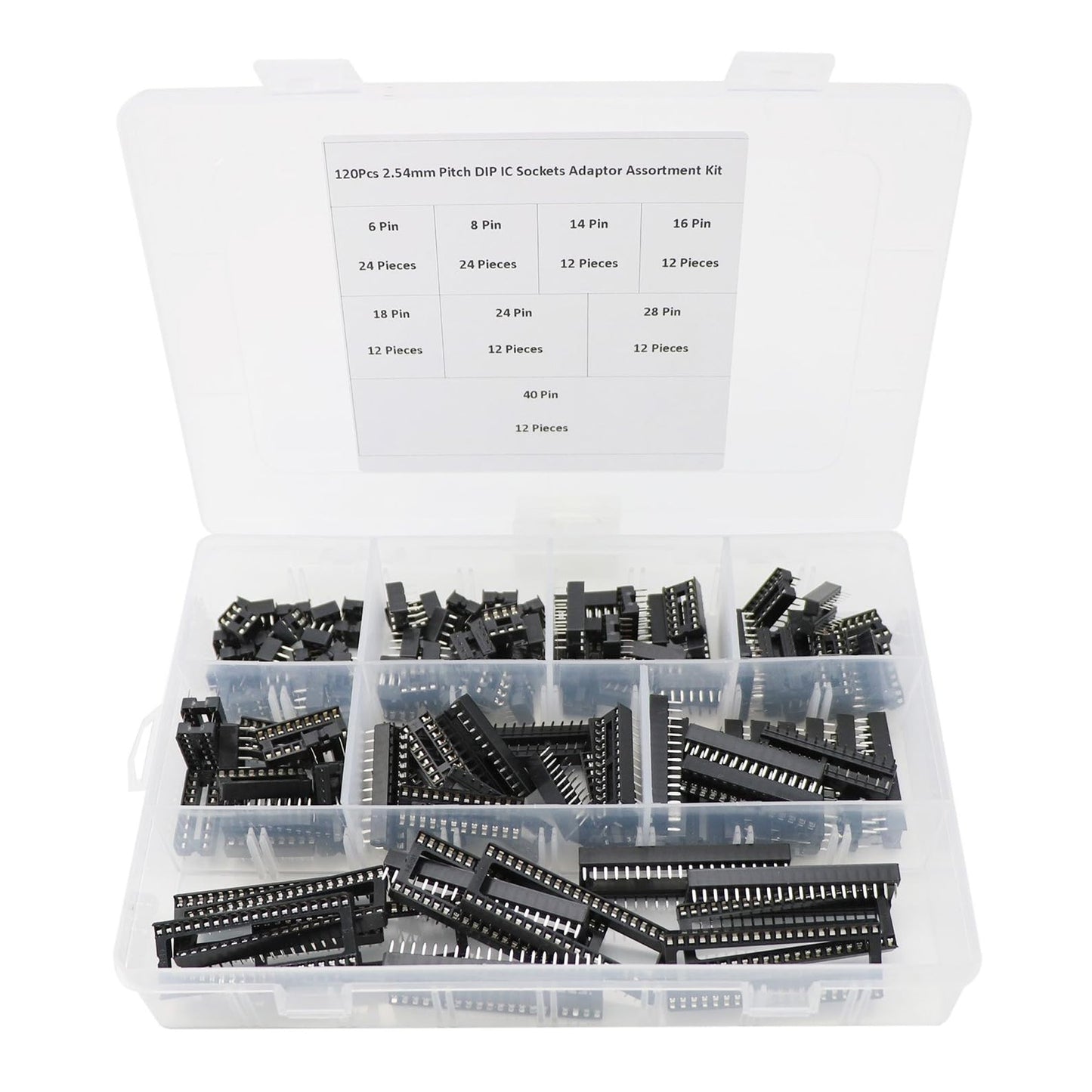 150Pcs 2.54mm Pitch DIP IC Sockets Adaptor Assortment Kit 6, 8, 14, 16, 18, 24, 28, 40 Pin-RS1707 - REES52