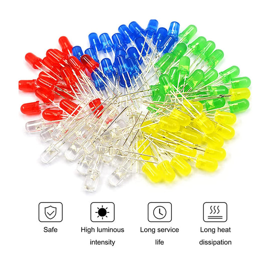 500pcs LED Diode Lights, 5 Colors×100pcs 5mm Light Emitting Diodes LED Assortment Kit - RS1765 - REES52