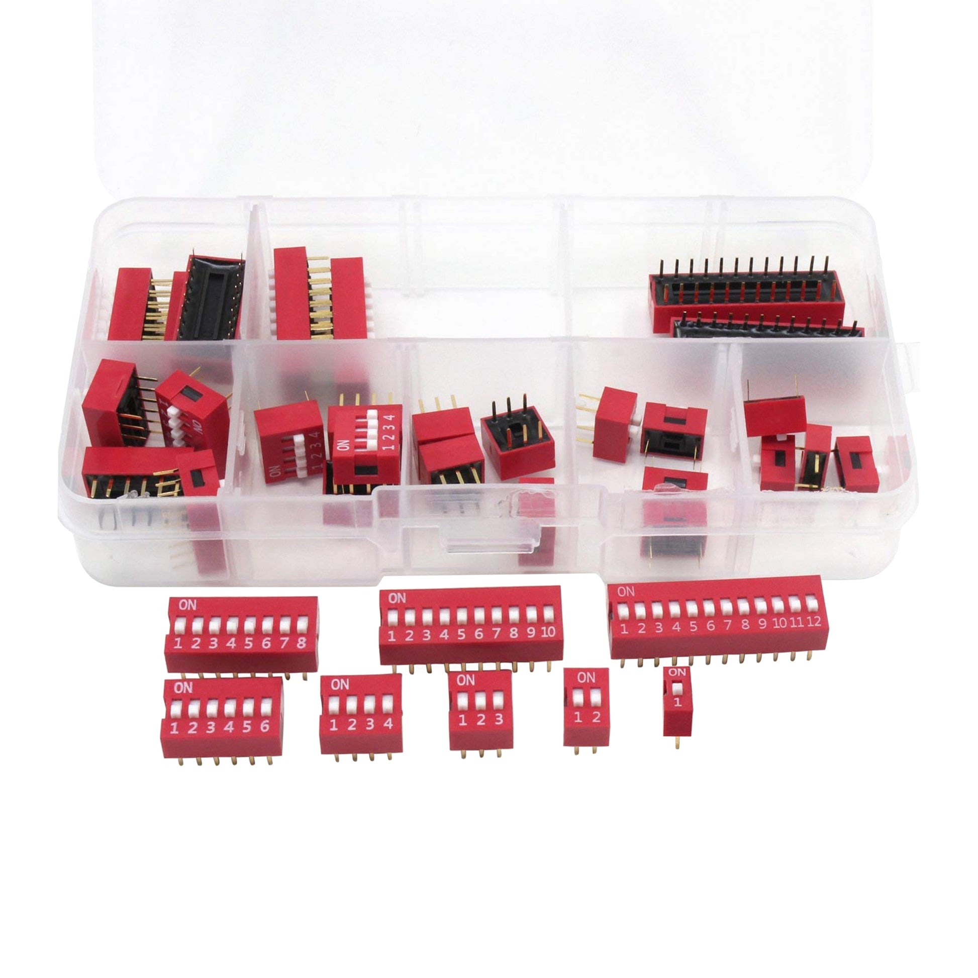 45pcs DIP Switch 2.54mm Pitch Code Switch 1/2/3/4/5/6/7/8/9P Kit, Slide Type for PCB, Breadboard Assorted DIP Switch Kit - RS1852 - REES52