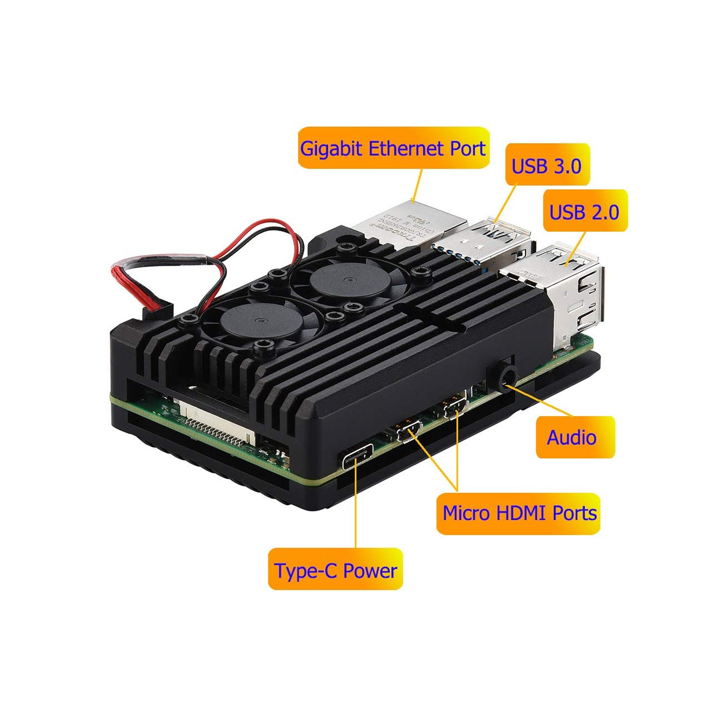 Aluminum Heat Sink Case with Double Fans Raspberry Pi 4 Armour Case Cooling Heatsink with Dual Fans for Raspberry Pi 4 Model/Pi 4B- Black - RS2323 - REES52