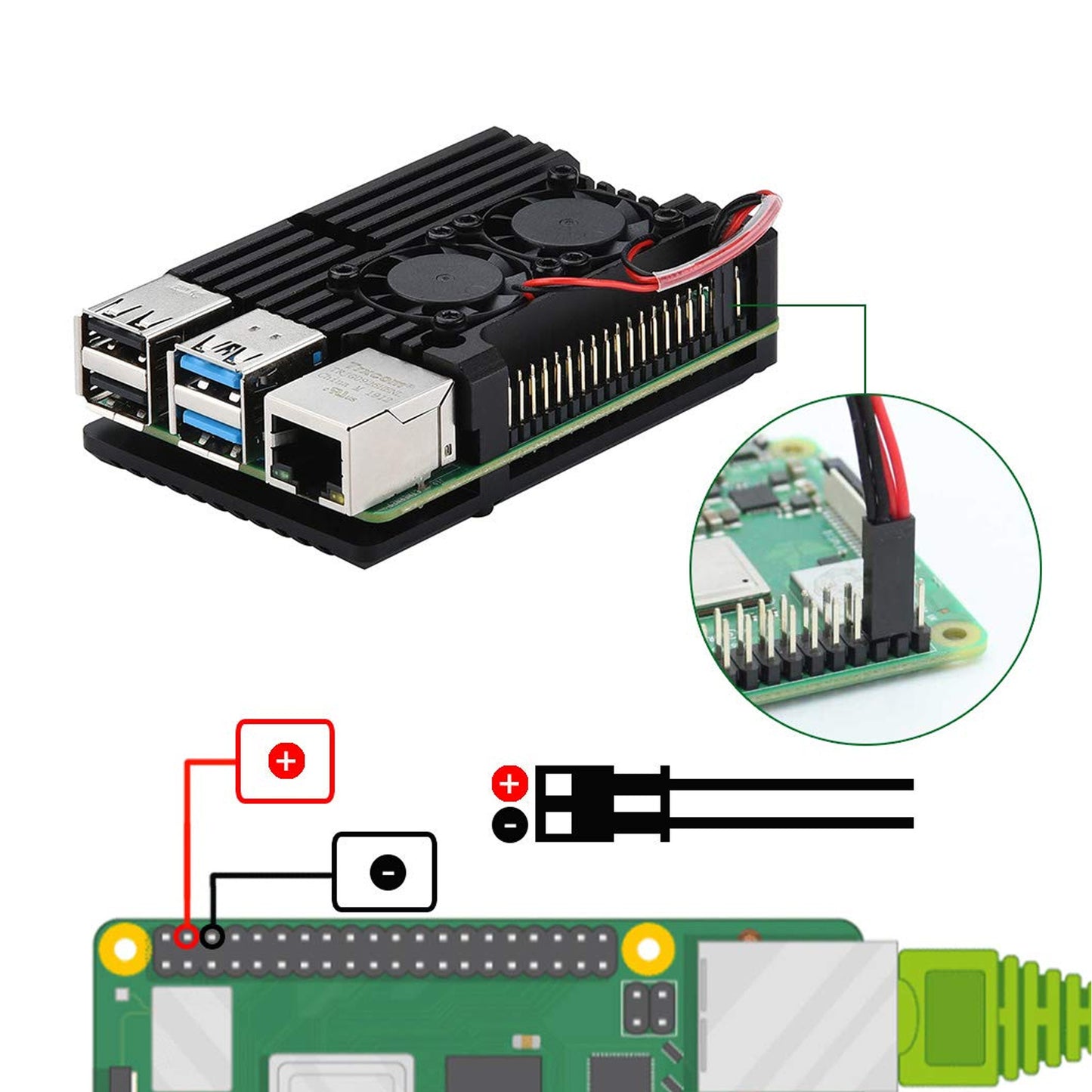 Aluminum Heat Sink Case with Double Fans Raspberry Pi 4 Armour Case Cooling Heatsink with Dual Fans for Raspberry Pi 4 Model/Pi 4B- Black - RS2323 - REES52