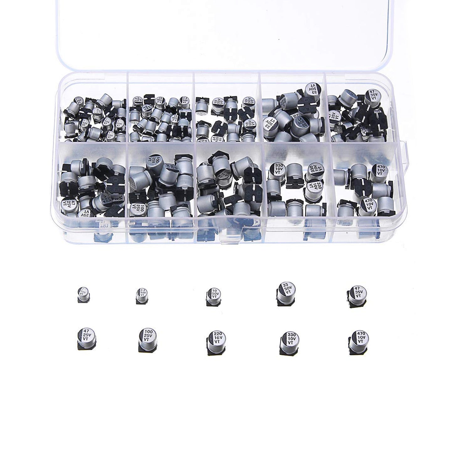 SMD electrolytic Capacitor, 200PCS 10V - 50V 1uF - 470uF 10Values Capacitor Assortment kit Capacitor with Storage Box for Household appliances - RS2765 - REES52