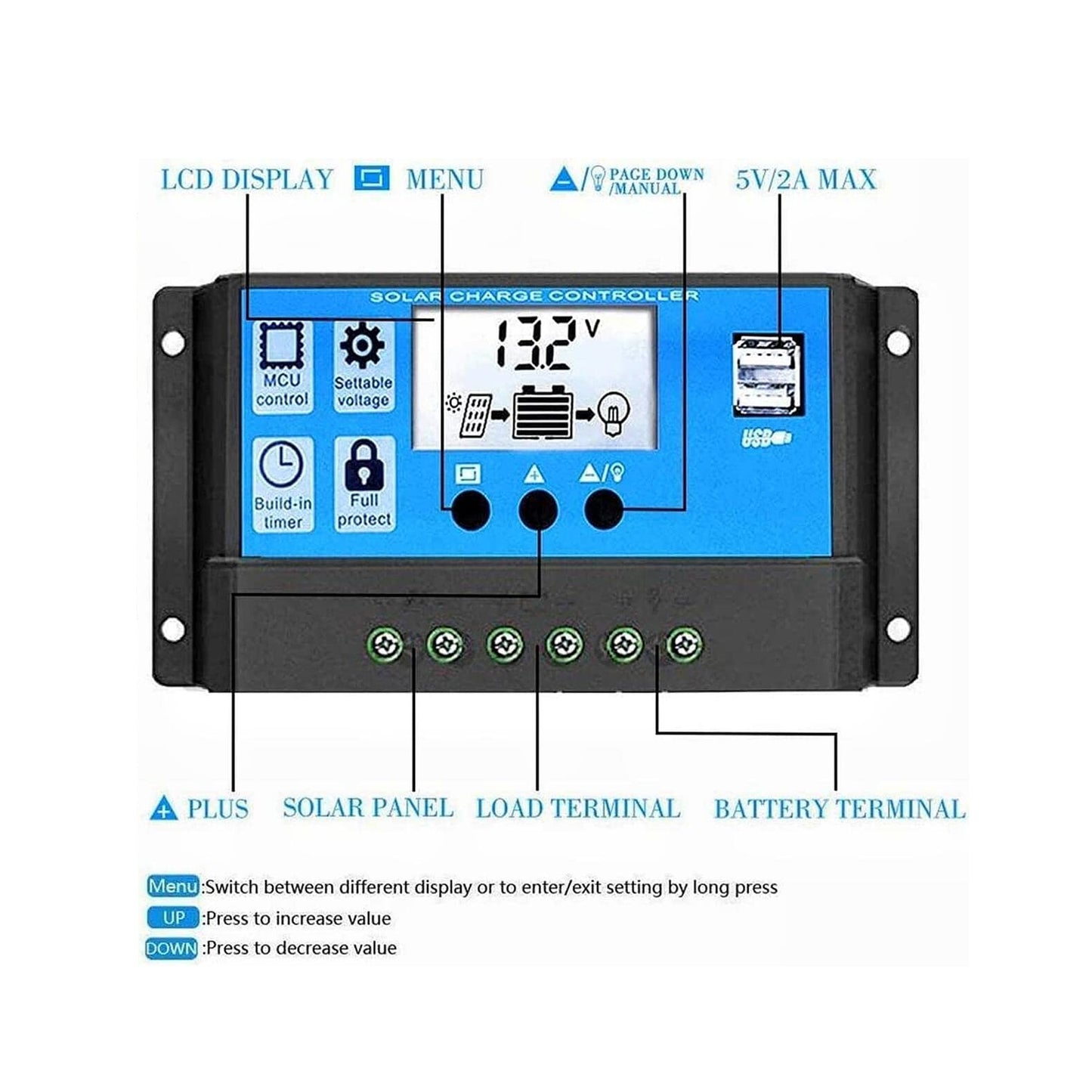 Solar Charge Controller, 10A Solar Panel Controller 12V 24V Adaptive PWM Auto Parameter Adjustable LCD Display Solar Panel Battery Regulator with Dual USB Port - RS5202 - REES52