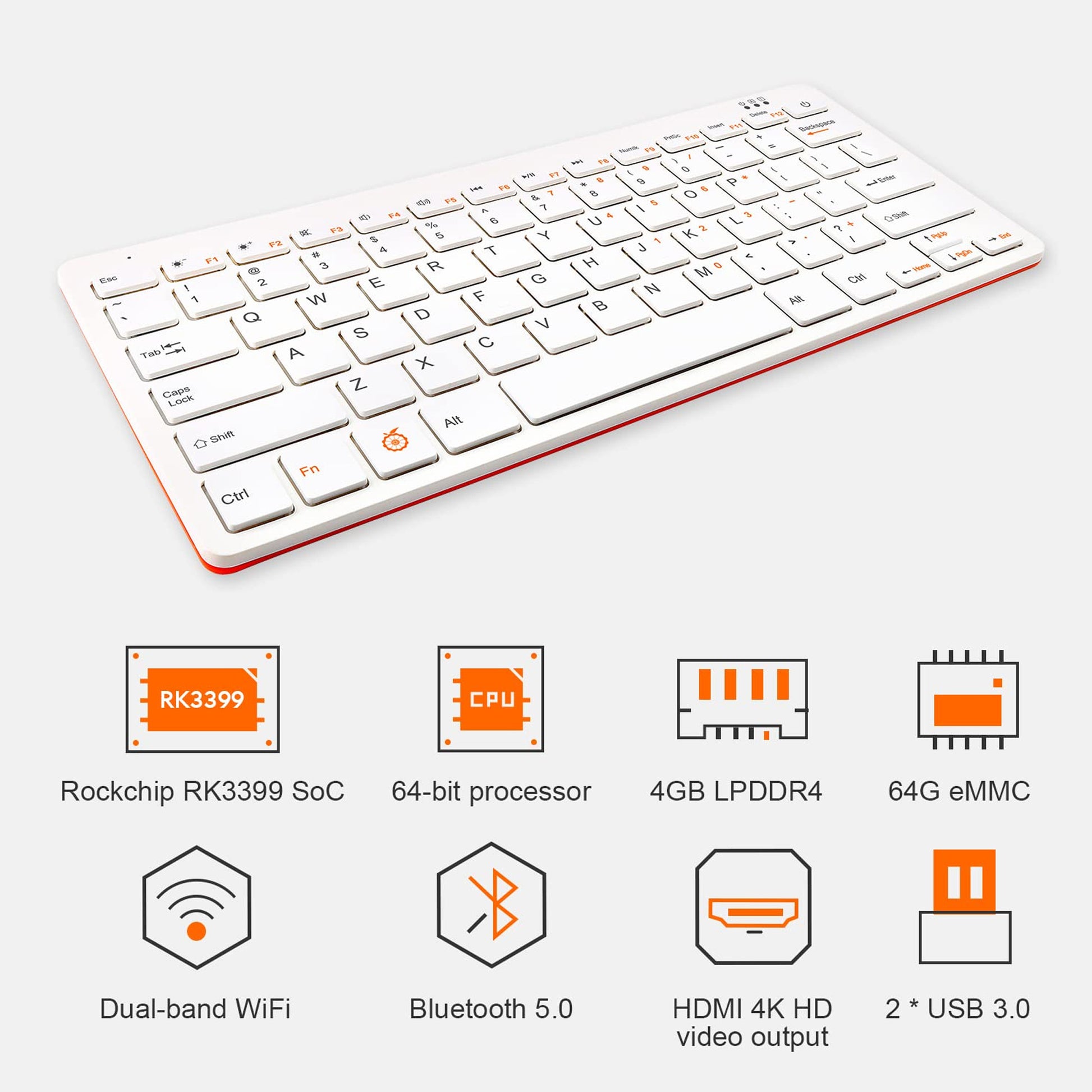 Orange Pi 800 All-in-one PC in Keyboard, 4GB+64GB RK3399 6-Core 64 Bit Dual-Band WiFi+BT 5.0, Computer Kit Run Android 12.1, Orange Pi OS, Ubuntu, Debian - RS5417 - REES52