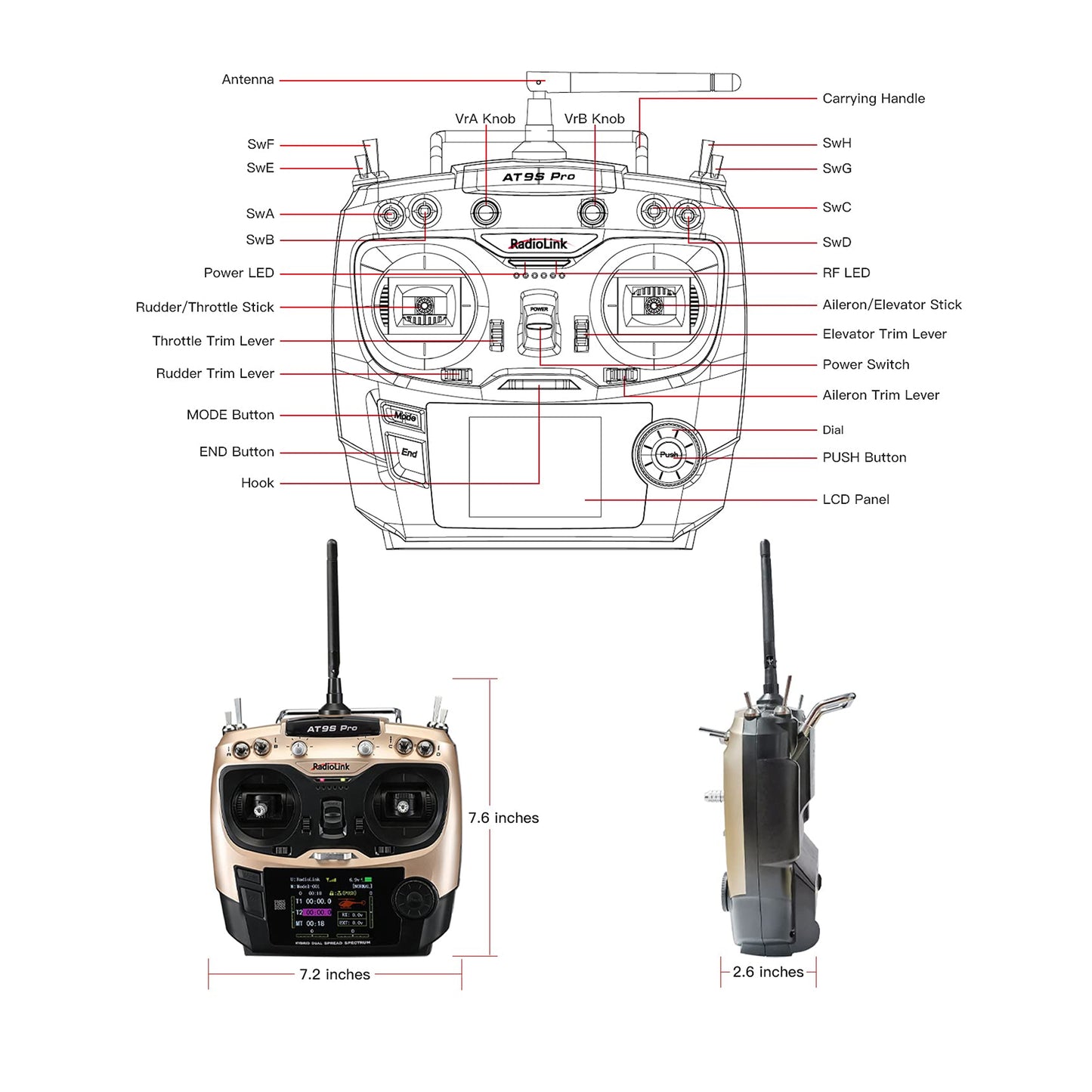 Radiolink AT9S Pro Remote 2.4GHz 12CH RC Drone Remote with R9DS Receiver, AT9S Pro Flight Controller - RS6048 - REES52