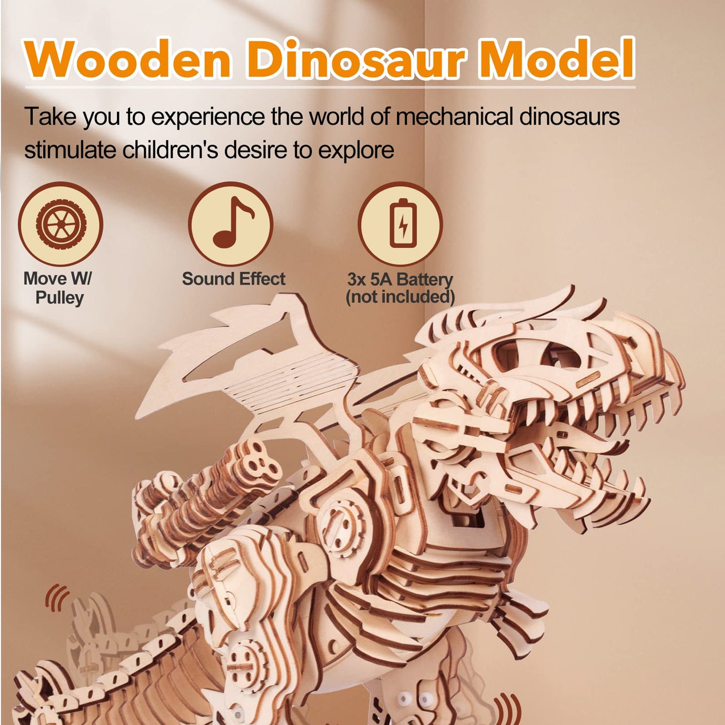 DIY T-Rex Dinosaur STEM Kit 3D Wooden Puzzles T-Rex Dinosaur Model Kit can Walk and Roar, Mechanical Dinosaur Toys for Boys Kids Ages 8-10-12-14, 3-D Puzzles Building Kit - RS6167 - REES52