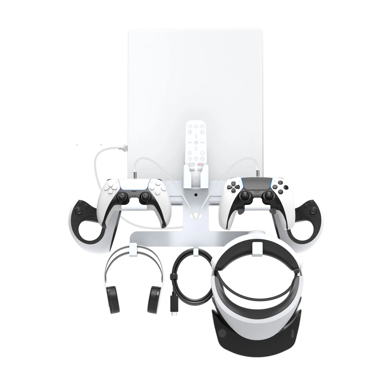 Wall organizer for PS5, PS VR2, DualSense controllers, and gaming headphones.