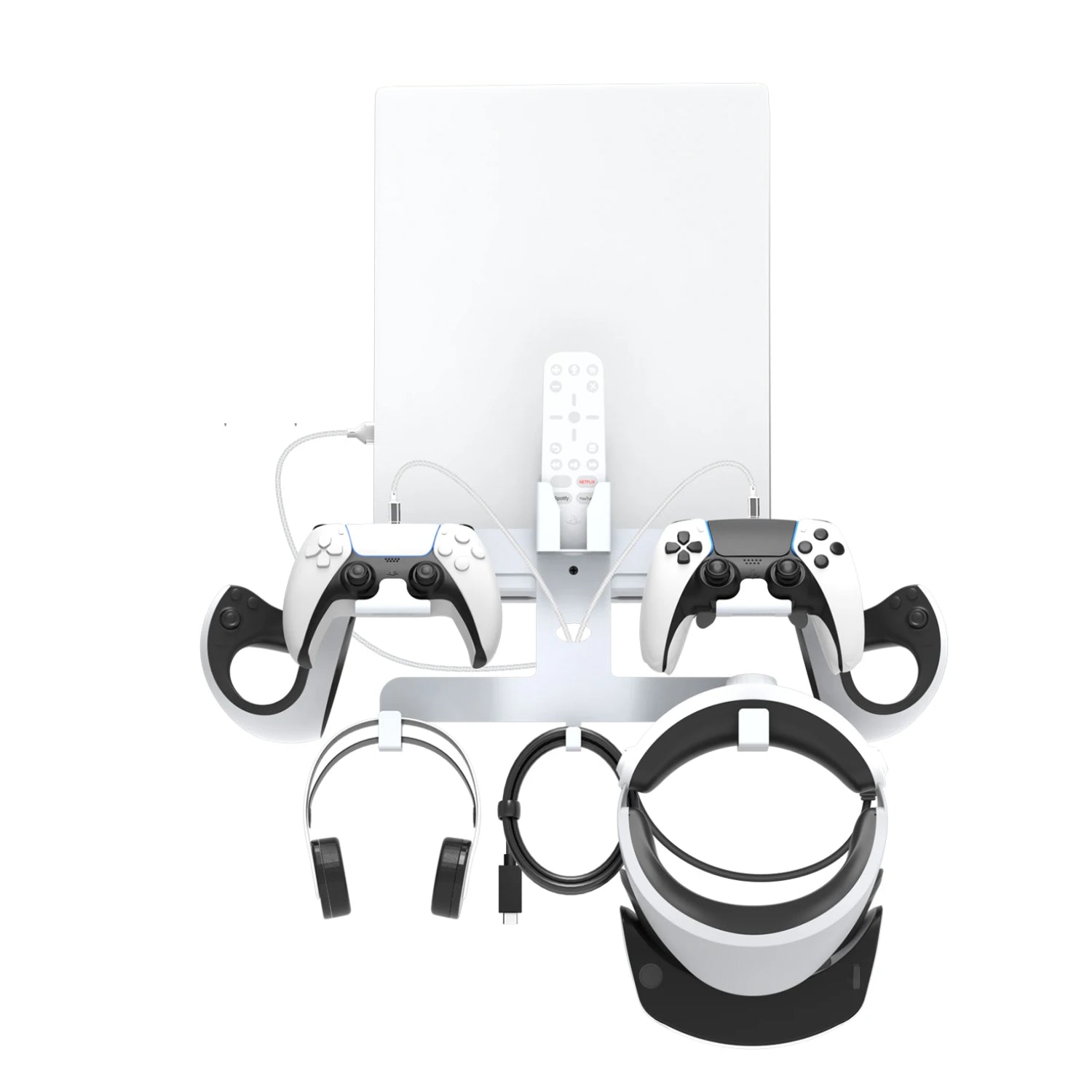 Wall organizer for PS5, PS VR2, DualSense controllers, and gaming headphones.